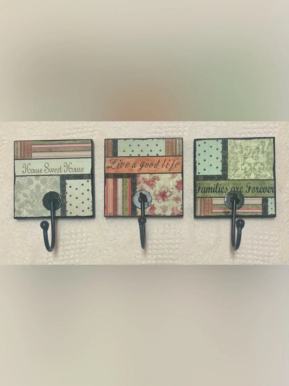 Set of 3 Patchwork Decorative Wall Hooks - Green, Cream & Coral Each 5x5x3/4”